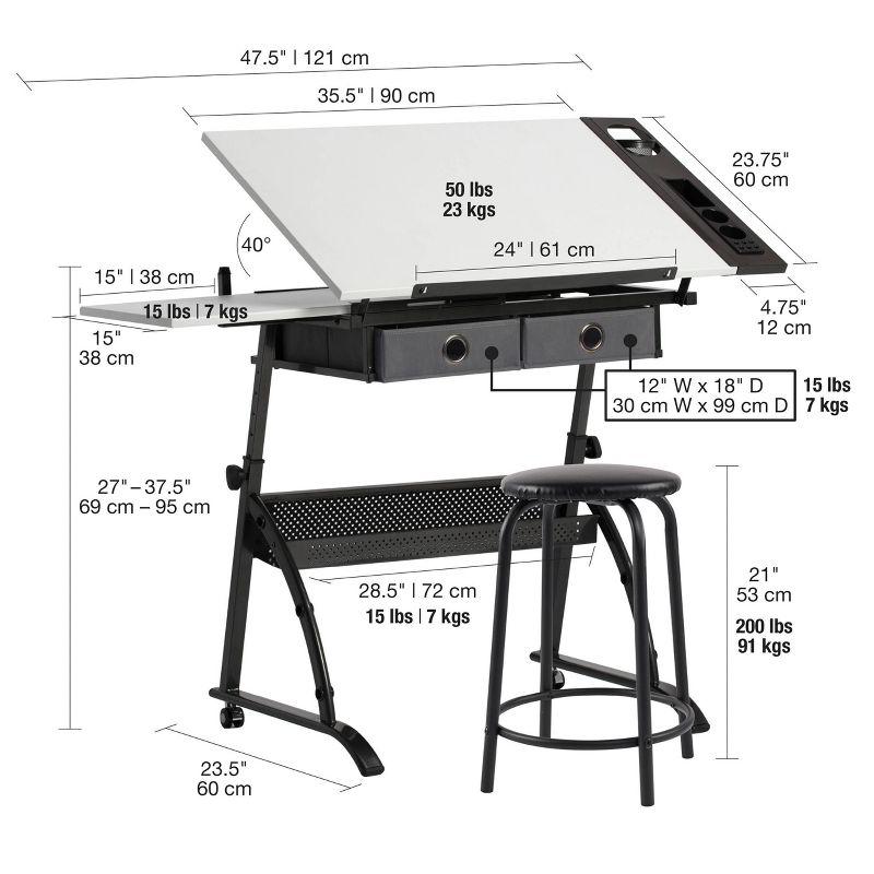 Core Drawing Table & Stool Set, Adjustable Art Desk with Storage, Charcoal Black/White - Studio Designs: Laminate Surface, Metal Frame