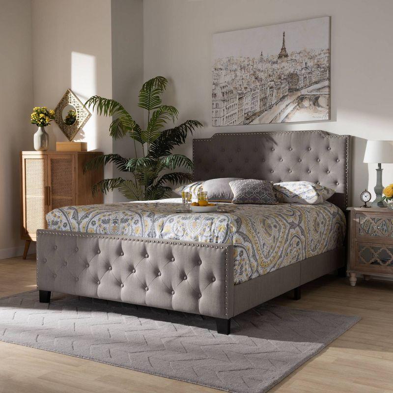 Elegant Gray Linen Queen Bed with Tufted Headboard and Nailhead Trim