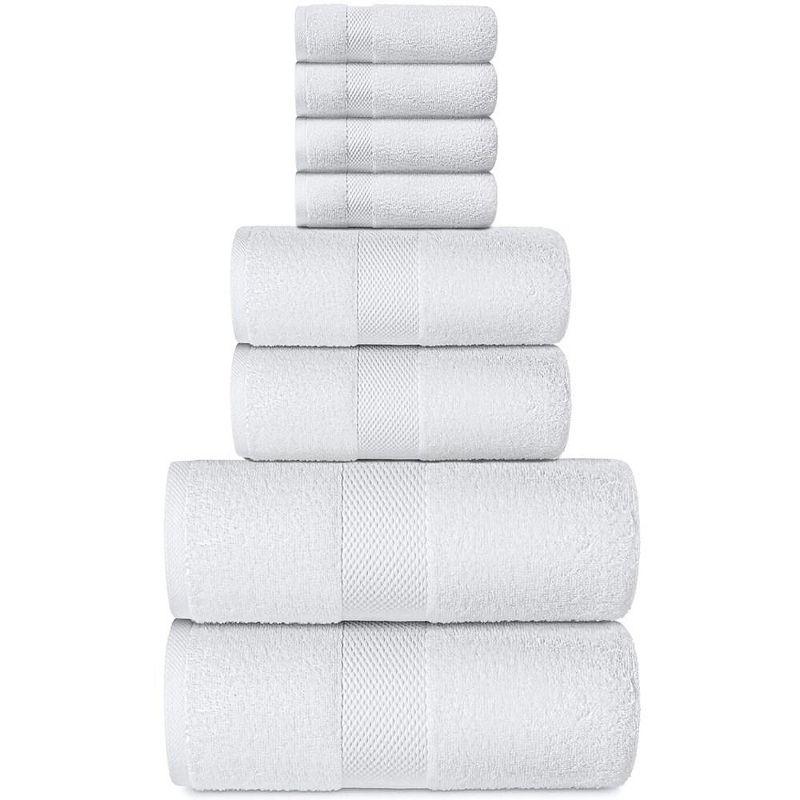 White Classic Luxury 100% Cotton 8 Piece Towel Set - 4x Washcloths, 2x Hand, and 2x Bath Towels