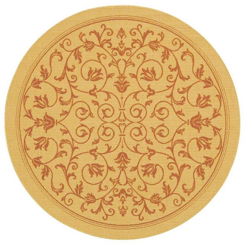 Beige and Tan Round Floral Synthetic Indoor/Outdoor Rug