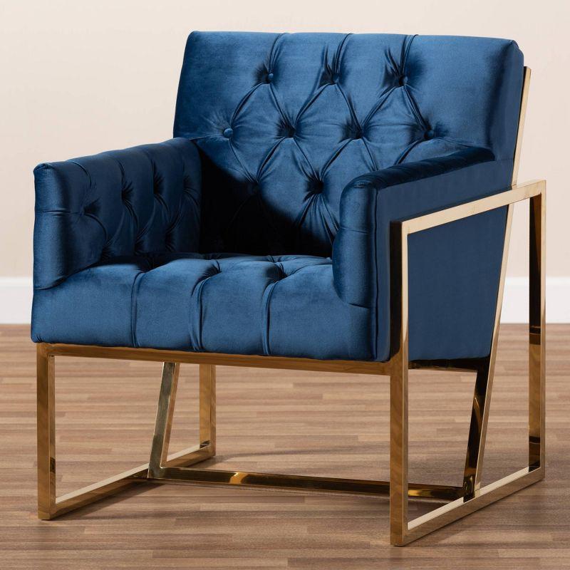 Milano Velvet Fabric Upholstered Finished Lounge Chair Gold/Blue - Baxton Studio: Mid-Century Modern Accent, Plywood Frame