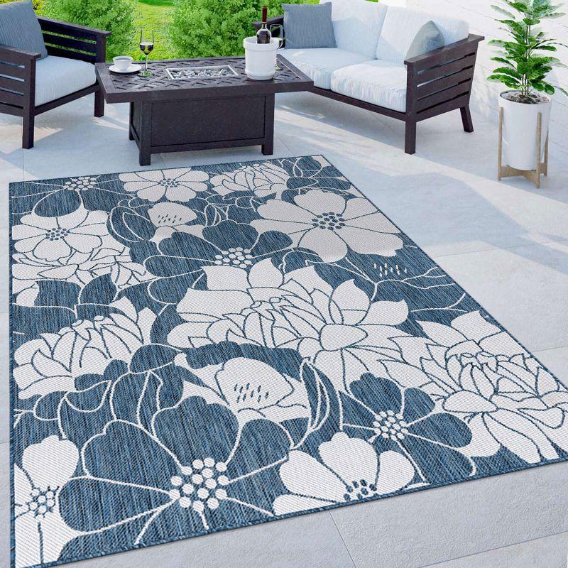 World Rug Gallery Modern Floral Flowers Textured Flat Weave Indoor/Outdoor Area Rug - NAVY 5' X 7'