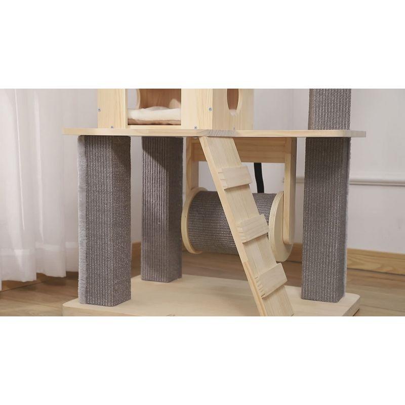 PawHut 49" Cat Tree, Kitty Activity Center, Wooden Cat Climbing Toy with Condo, Roller, Ladder, Cushions, and Sisal Scratching Post Pad, Natural