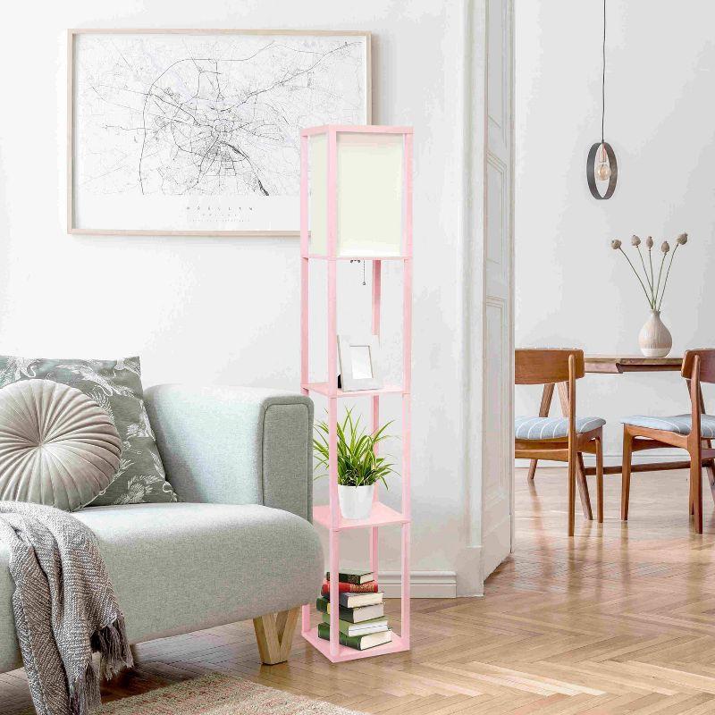 Elegant Light Pink Column Floor Lamp with Linen Shade and Display Shelves