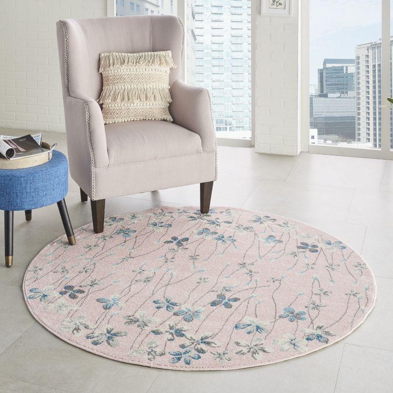 Blushing Blossom 63'' Round Pink Floral Easy-Care Area Rug