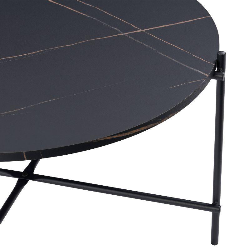 Modern Sleek Black Marbled Round Coffee Table with Metal Frame