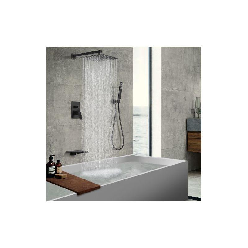 12in. Rain Shower Head System with Bath Tub Faucet Set and Handheld in Matte Black