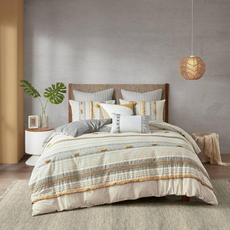 Ink+Ivy 3pc Full/Queen Cody Cotton Duvet Cover Set Yellow/Gray: Woven Stripe, Oeko-Tex Certified, Hidden Button Closure