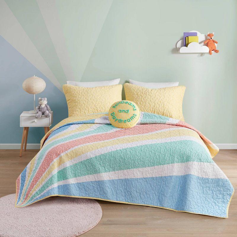 Rory Rainbow Sunburst Reversible Cotton Quilt Set with Throw Pillow