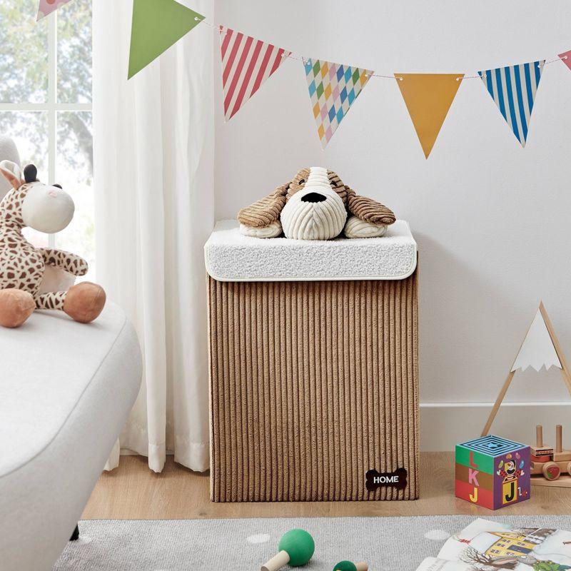 Danya B. Collapsible Folding Corduroy Kids' Laundry Hamper Toy Storage Brown with Dog Lid