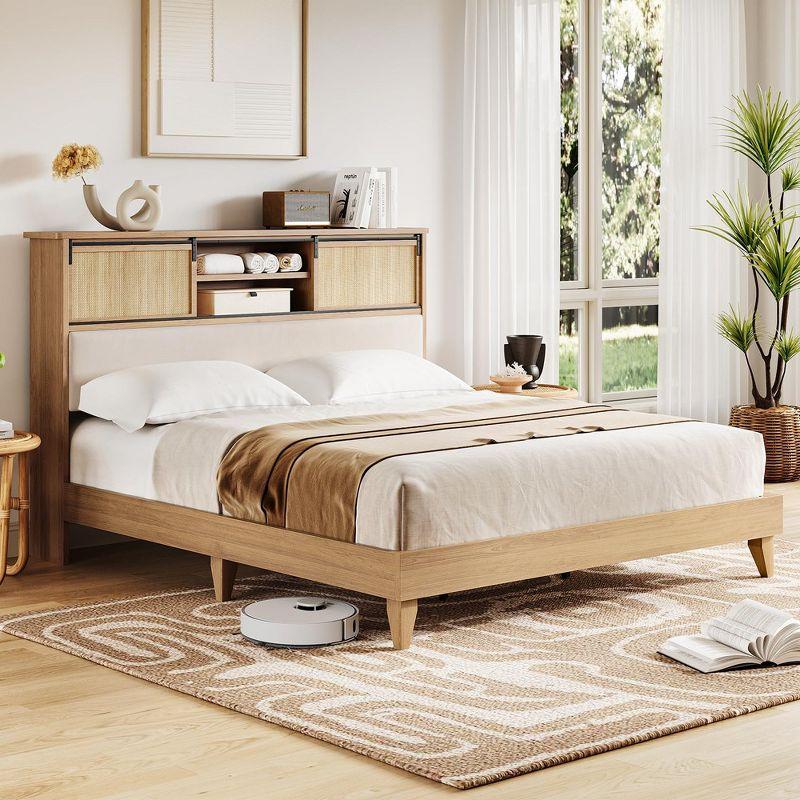 Garvee Rattan Full Size Bed Frame with Sliding Door Shelf Headboard, Bohemian Rattan Bed Frame with Shelves, Wood Foundation, No Box Spring Needed