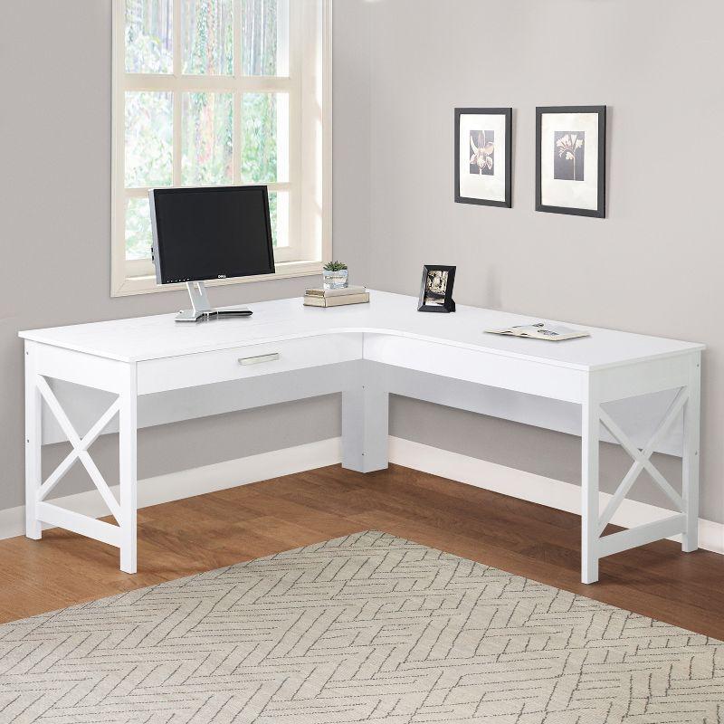 White Wood L-Shaped Corner Desk with Drawer