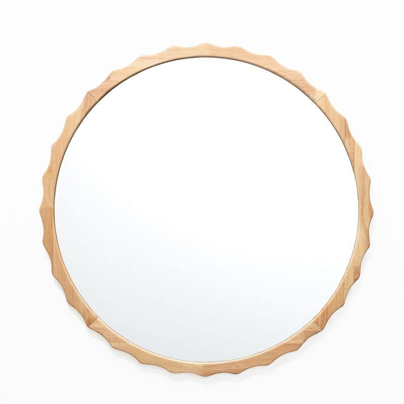 LuxenHome 31.5-Inch Round Wall Mirror Natural Wood Scalloped Frame Circle Wall Mounted Decorative Wavy Mirror for Bathroom Bedroom Entryway Brown