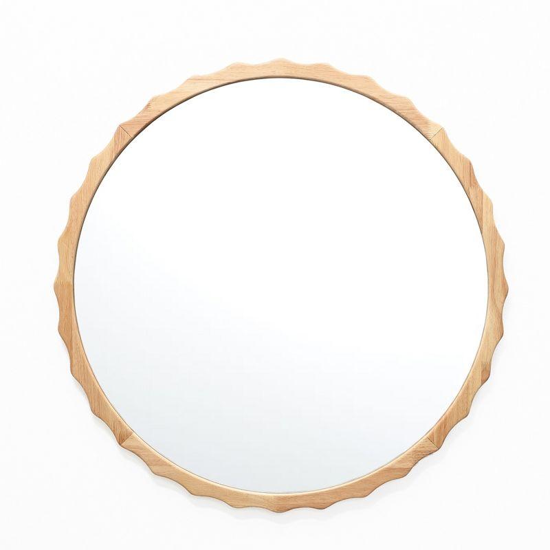 LuxenHome 31.5-Inch Round Natural Rubberwood Scalloped Frame Wall Mirror Brown