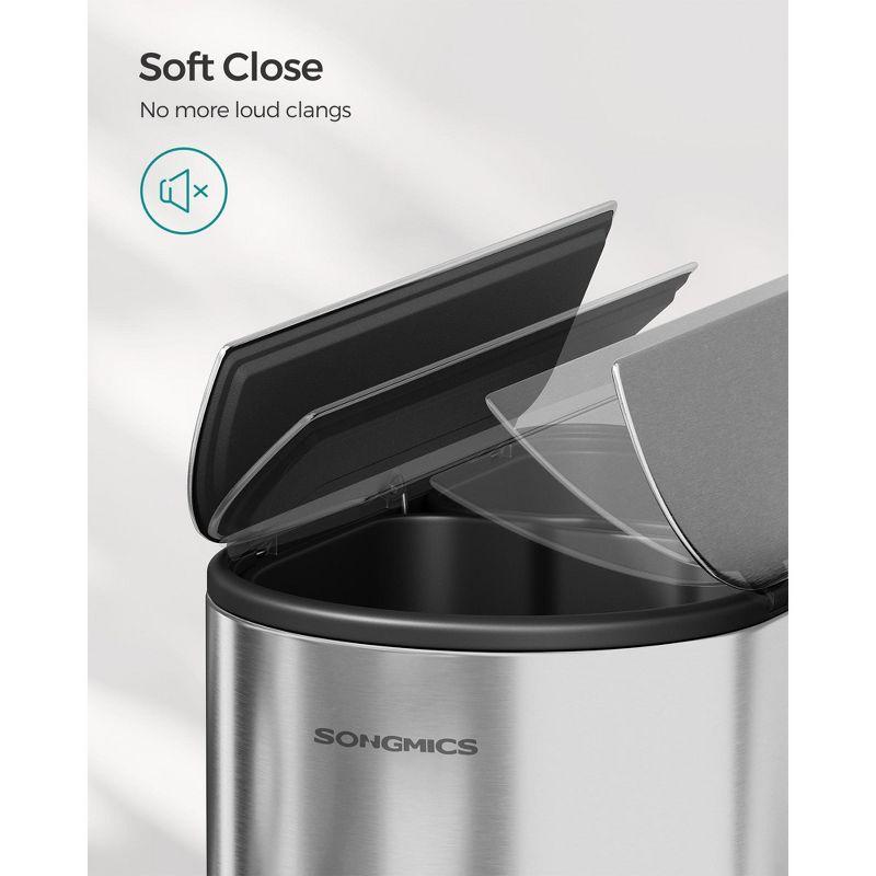 SONGMICS 13-Gal ( 50L ) Dual Kitchen Trash Can,Garbage Can with Wing Lids, Stainless Steel, Soft Close, Inner Buckets, with 15 Trash Bags, Silver