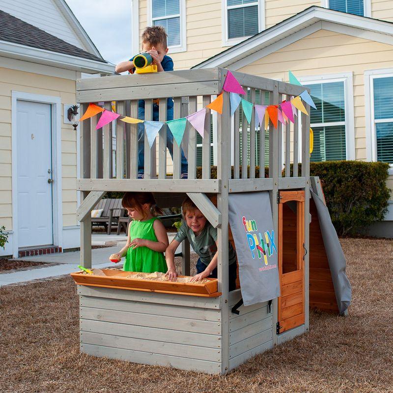 Funphix Lookout Post Outdoor Wooden Playhouse, Buildable Kids Backyard Playset with Climbing Ramp