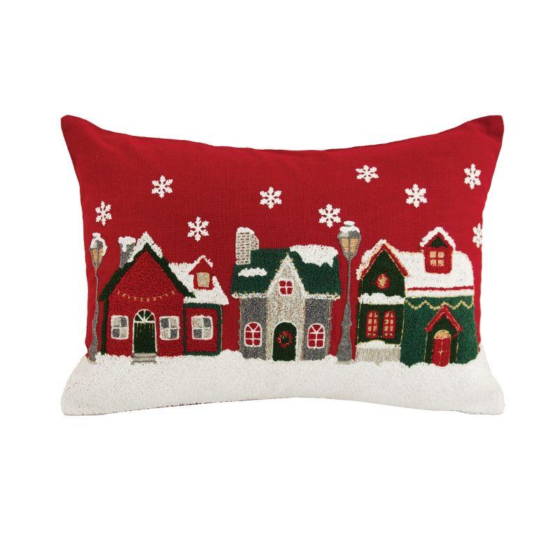 Red Embroidered Christmas Village Rectangular Throw Pillow