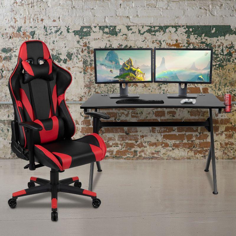 Black Carbon Fiber Gaming Desk with Red Reclining Chair Set