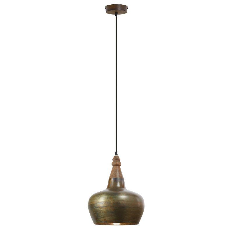 Antique Bronze and Brown Metal Wood Pendant Light with Adjustable Cord