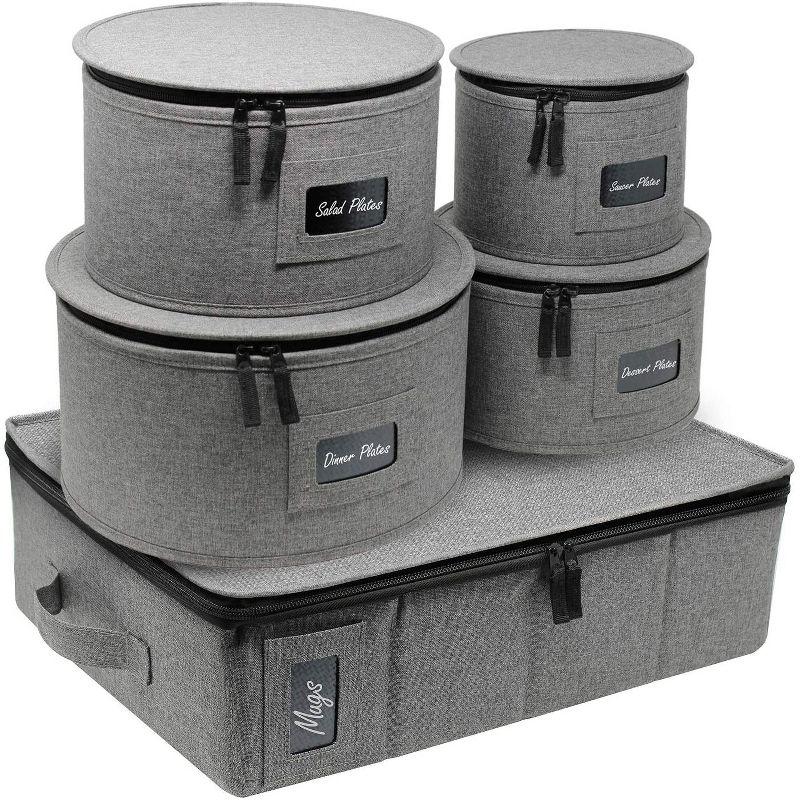 Gray Quilted 5-Piece China Dinnerware Storage Organizer Set