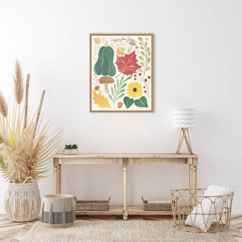 Autumn Botanical Watercolor Canvas Print with Brown Frame