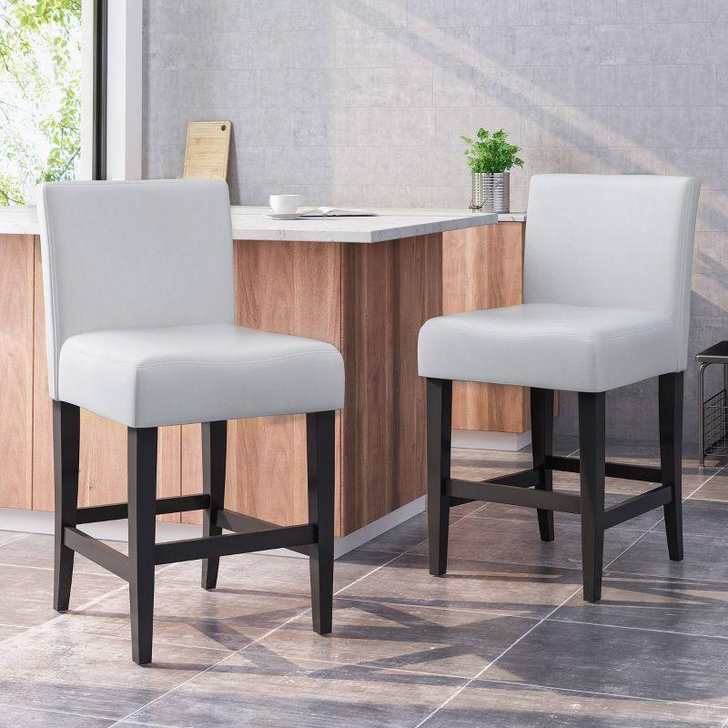 Lopez Contemporary Ivory Leather and Wood Counterstools, Set of 2