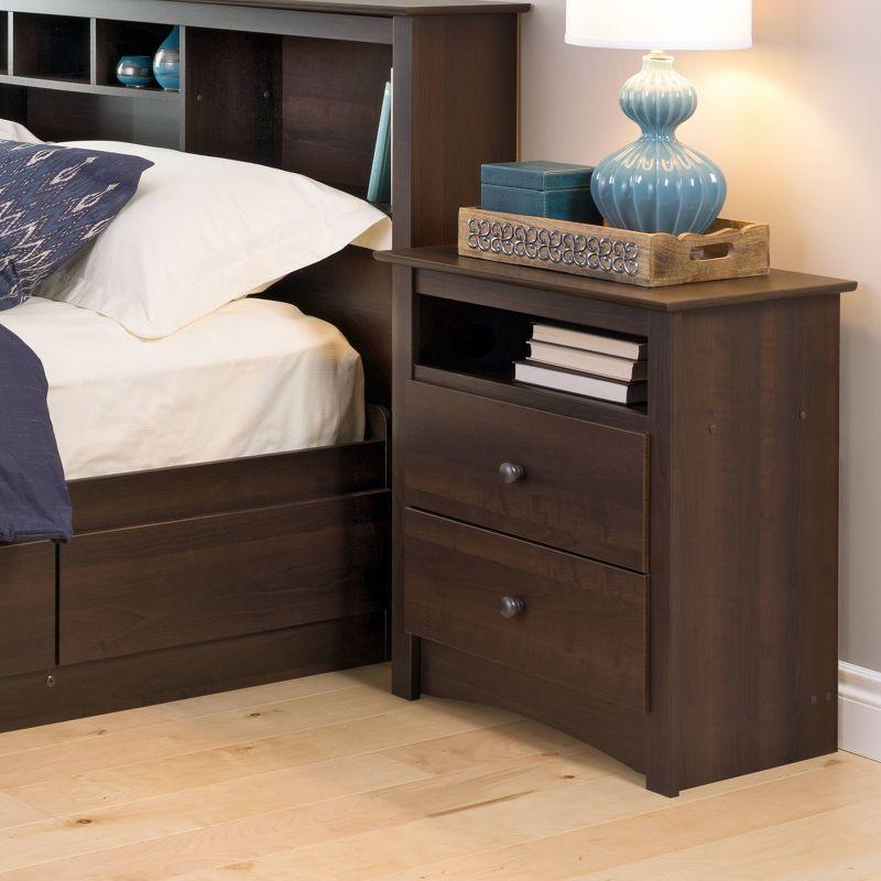 Espresso Tall 2-Drawer Nightstand with Open Shelf