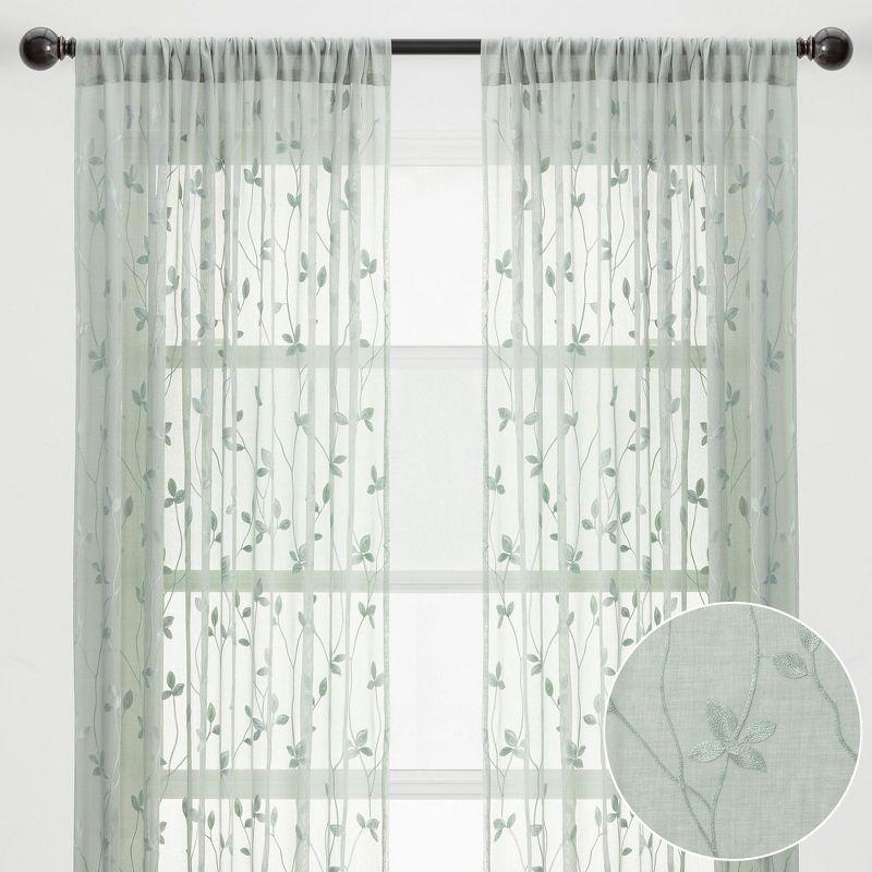 Sage Embroidered Vine Sheer Polyester Window Curtains, 52" x 96"