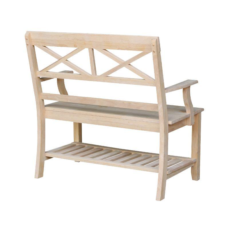 Double X-Back Bench with Arms and a Shelf - International Concepts: Hardwood Frame, Non-Upholstered, 2-Person Seating