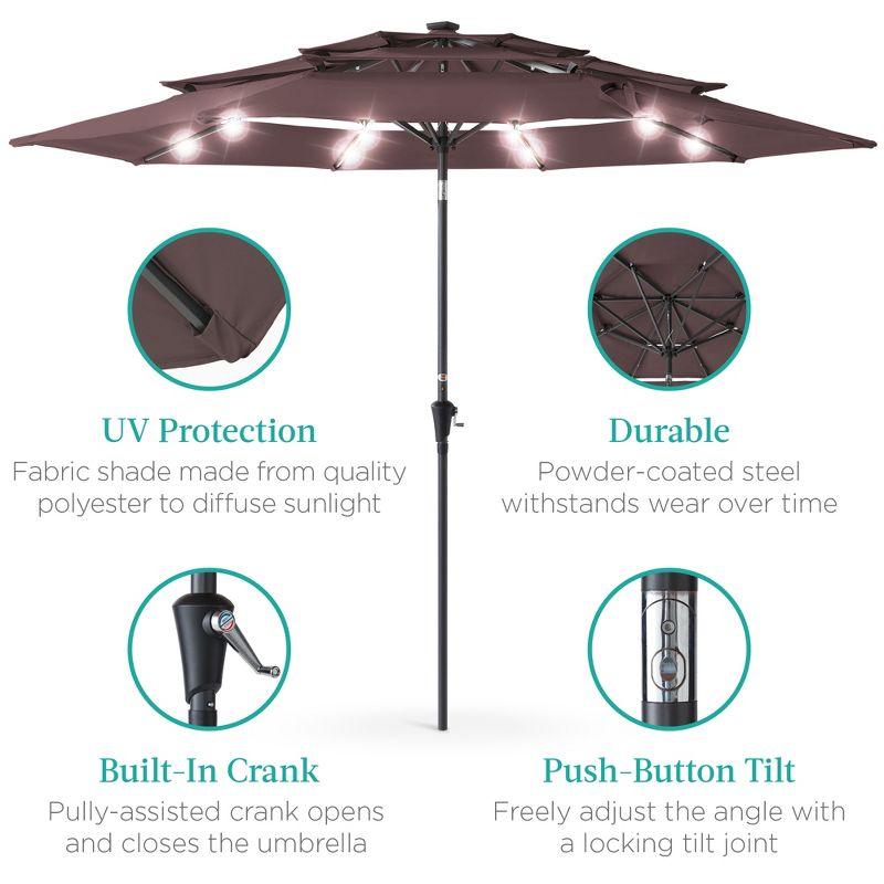 Best Choice Products 10ft 3-Tier Solar Patio Umbrella w/ 24 LED Lights, Tilt Adjustment, Easy Crank - Deep Taupe