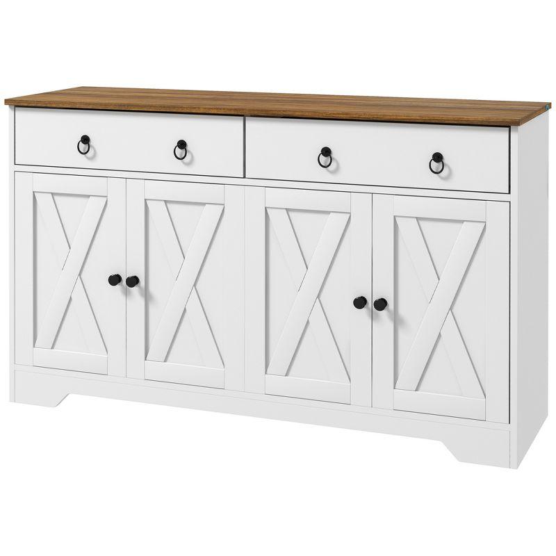 HOMCOM Sideboard Buffet Cabinet, Farmhouse Coffee Bar Cabinet with 2 Drawers, Barn Doors and Adjustable Shelves for Living Room, Dining Room, White