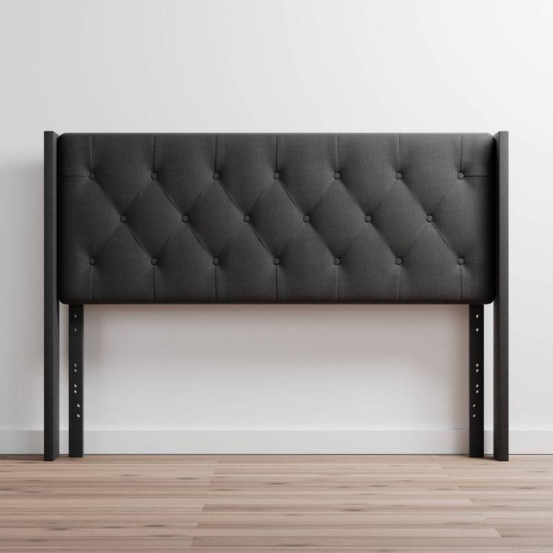 Bella Charcoal Linen-Inspired Tufted Wingback Full Headboard