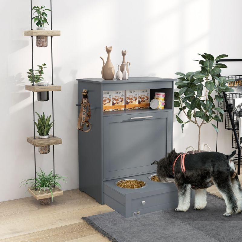 Gray Elevated Pet Feeder Station with Storage Cabinet