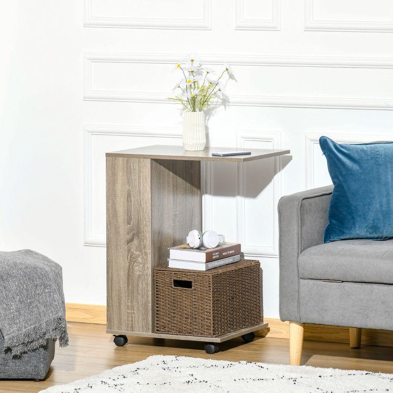 Compact Grey C-Shaped End Table with Storage on Casters