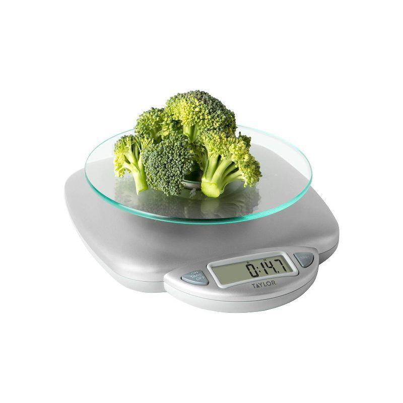 Taylor 11lb Glass Platform Digital Food Scale: Kitchen Scale with LCD Display, Silver, Battery Included