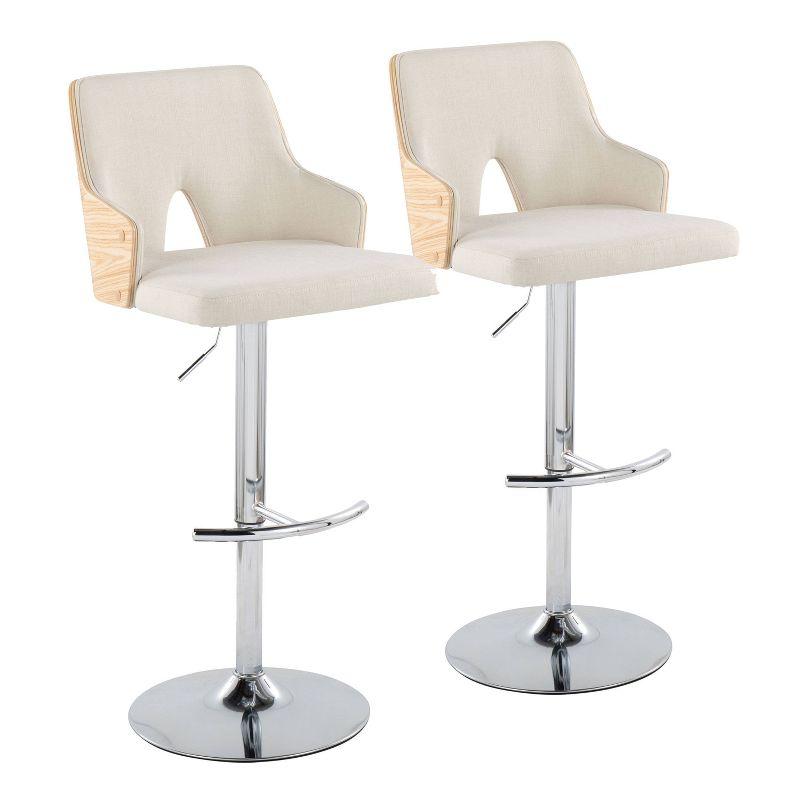 LumiSource Set of 2 Stella Adjustable Barstools Chrome/Natural/Cream: Upholstered Chair, Metal Frame, Footrest