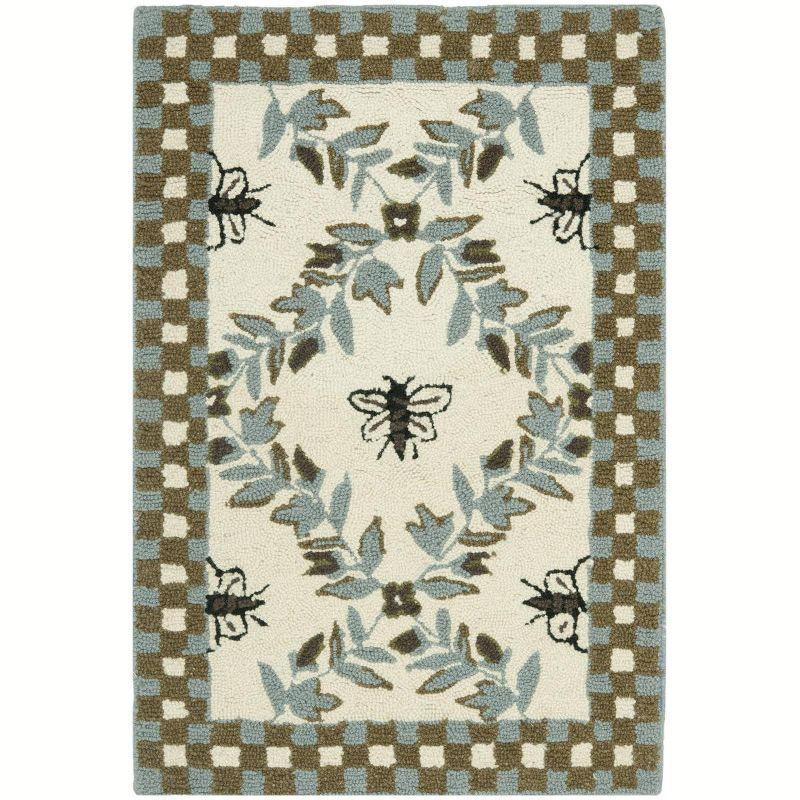 Ivory Floral Hand-Hooked Wool Rectangular Area Rug