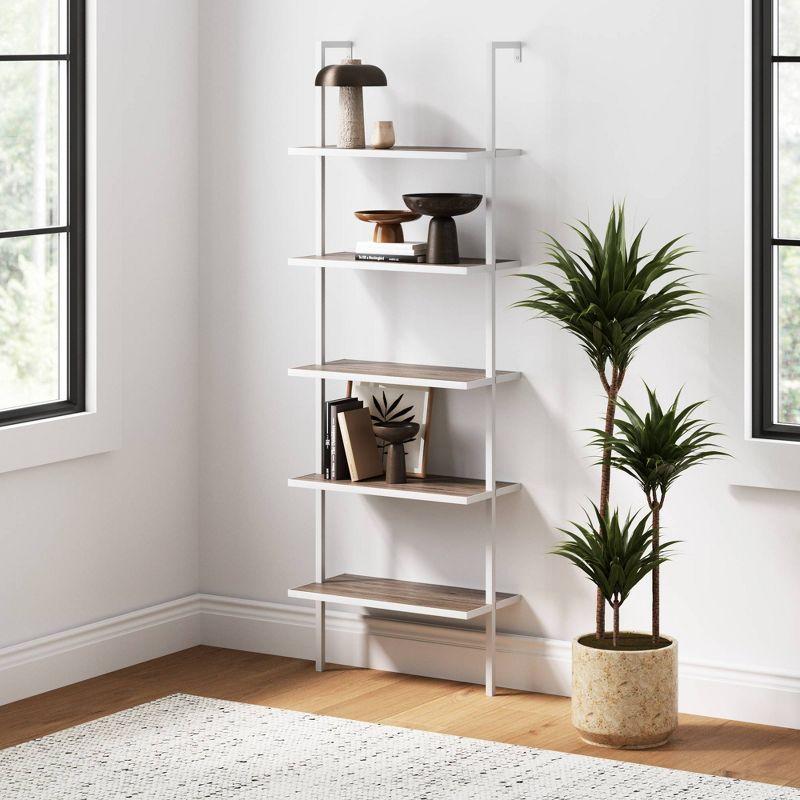 Gray Oak and White 5-Shelf Ladder Bookcase with Metal Frame