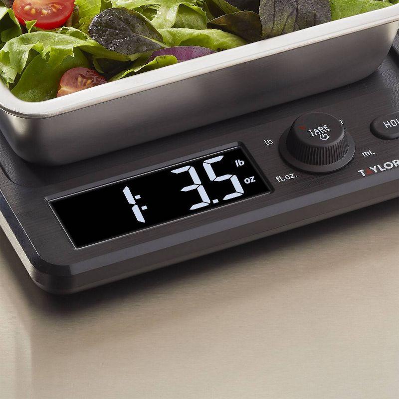 Taylor 22lb Stainless Steel Digital Kitchen Food Scale with Container Black/Gray: Oversized Display, 22lb Capacity