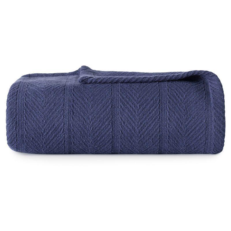 Navy King-Size Herringbone 100% Cotton Knitted Blanket