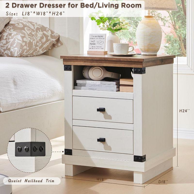 SinCiDo Nightstand with Charging Station, 18″ Farmhouse Night Stand with 2 Drawers, Wood Rustic End Table, Antique White