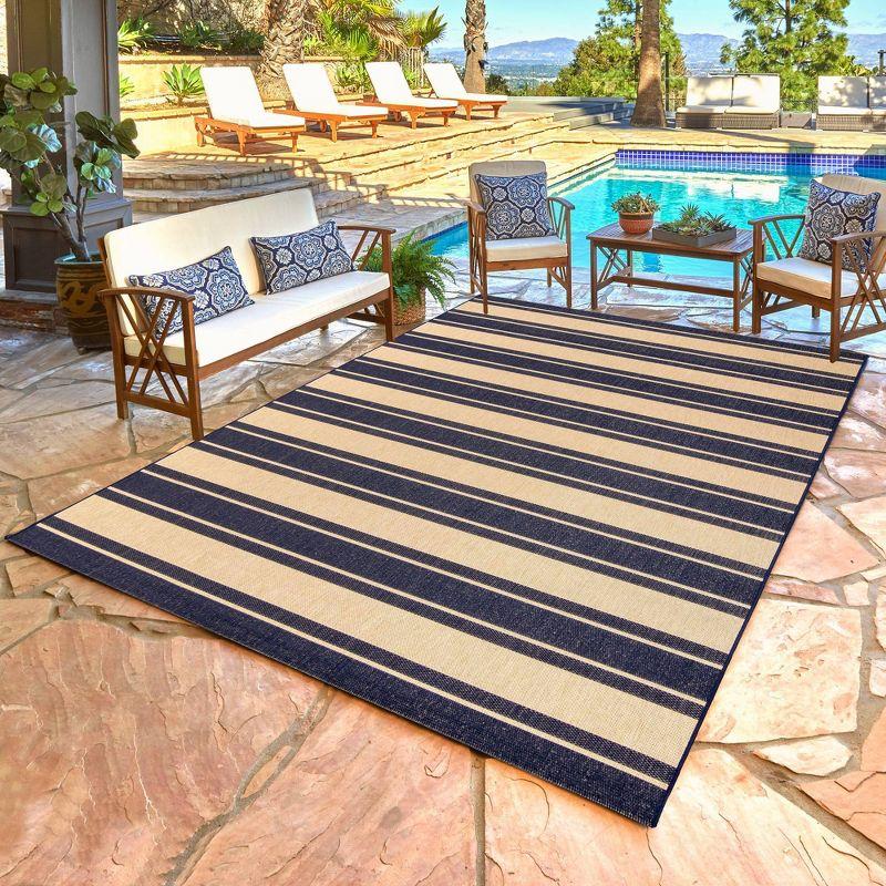 Gertmenian Paseo Castro Navy Blue/Beige Striped Coastal Indoor/Outdoor Flatweave Area Rug