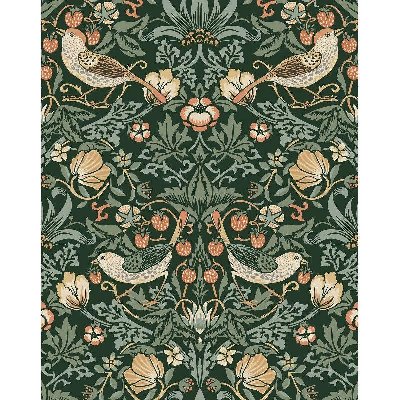 Forest Green Bird and Floral Peel and Stick Wallpaper