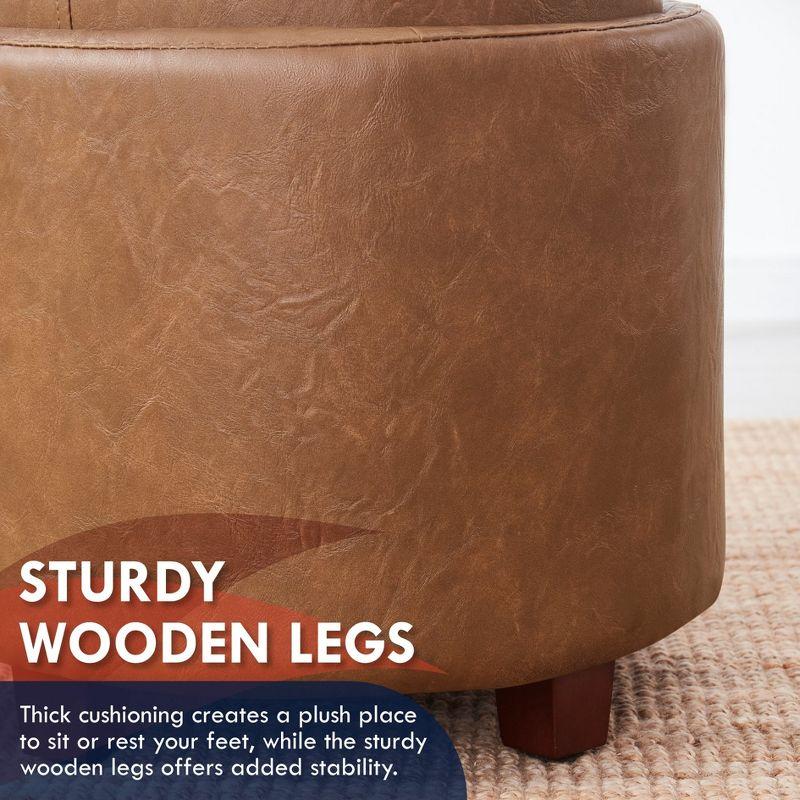 Ornavo Home Lawrence Round Faux Leather Storage Ottoman with Table Top Lid - Cognac
