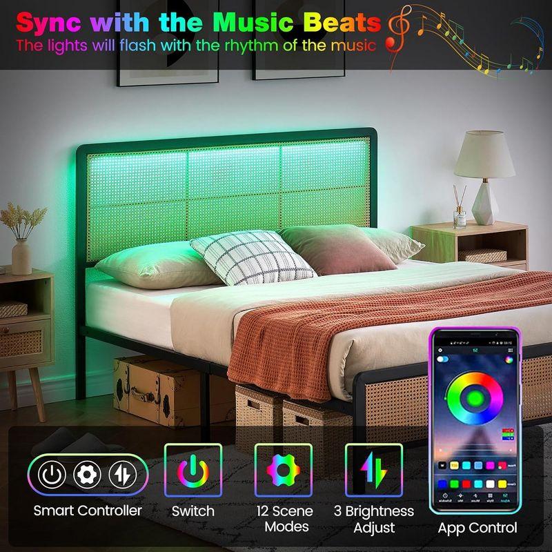Garvee Rattan Platform Bed Frame Full Size with Headboard Led Light, Modern Style Cane Boho Bed Frames with Steel Slat Support, Black