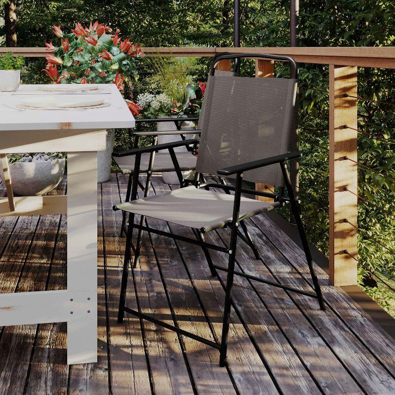 Flash Furniture Set of 2 Mystic Folding Patio Sling Chairs, Outdoor Textilene Lawn Chairs with Armrests in Brown