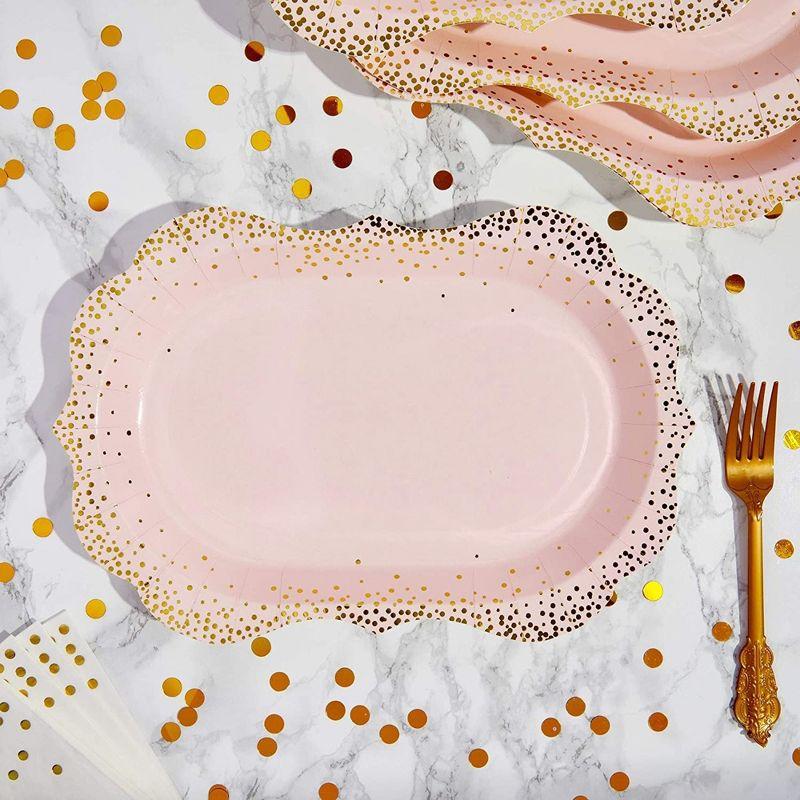 Sparkle and Bash 24 Pack Pink Disposable Serving Trays, Gold Foil Polka Dotted Party Platters, 9 x 13 In