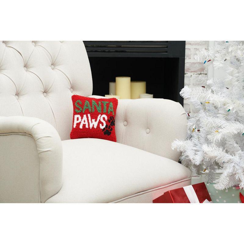 Santa Paws Christmas with Paw Prints on Red Background Petite Accent Hooked Throw Pillow