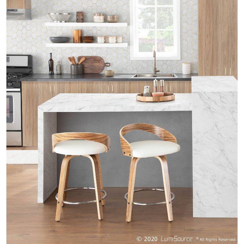 Zebra Wood and White Faux Leather Swivel Counter Stools, Set of 2