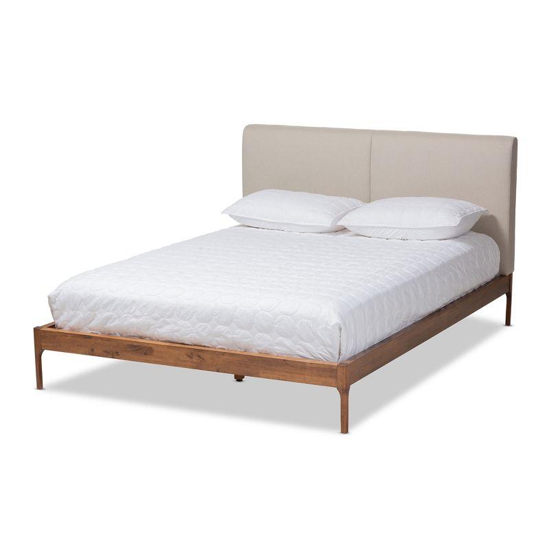 Mid-Century Modern Beige Oak Upholstered Full Platform Bed